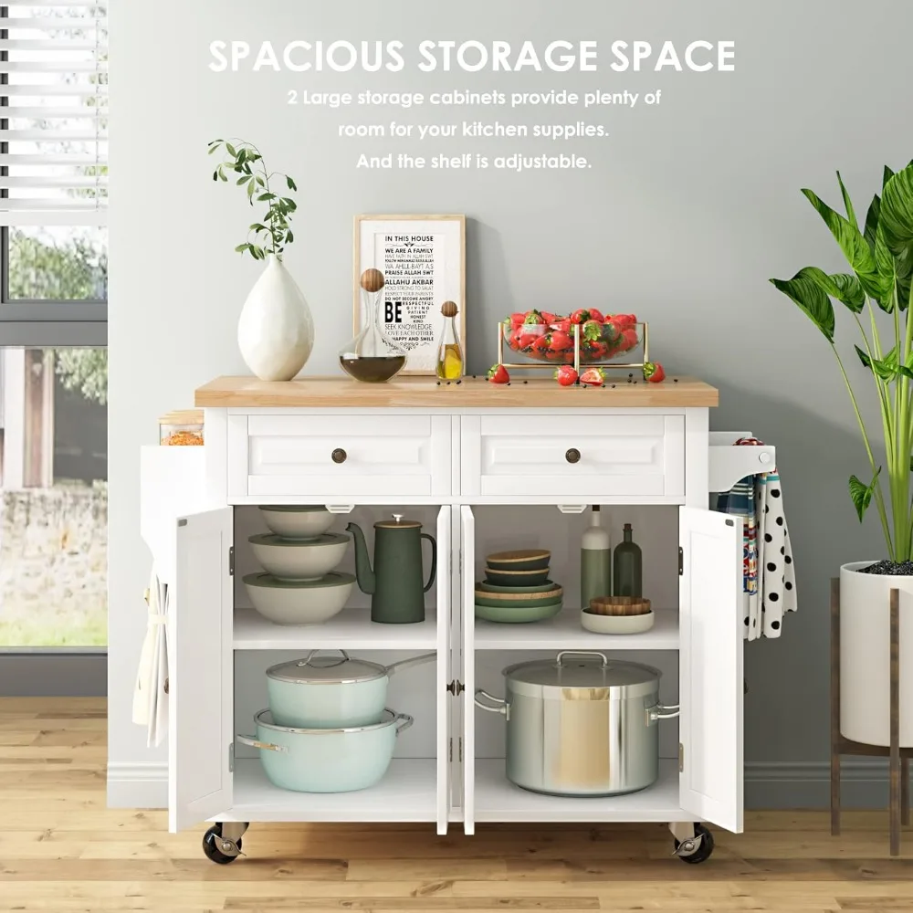 عربة جزيرة المطبخ المتدحرجة بأبعاد 43 بوصة، تتميز بأدراج وخزانة تخزين، وهي مصنوعة من الخشب المطاطي