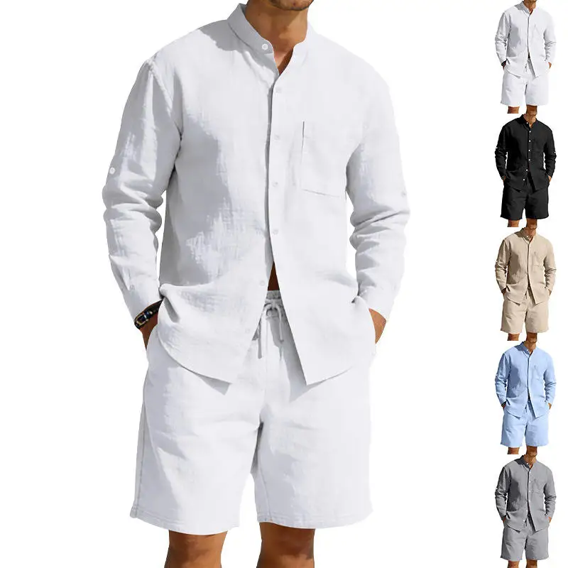 

Casual Linen Men's Long Sleeve Shirt And Shorts Set Autumn Season Youth Fashion Loose Fit Clothing Package No Brand Registered