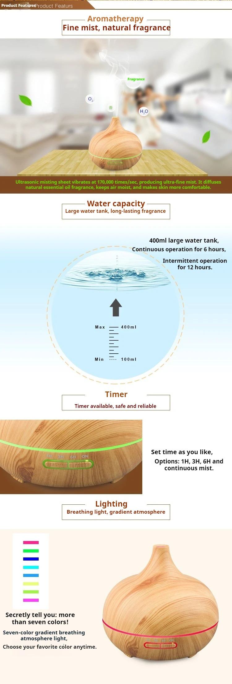 500ML Aromatherapy Machine Wood Grain Humidifier with 7-Color LED Heavy Fog Quiet Bedroom Office Hotel Essential Oil Humidifier