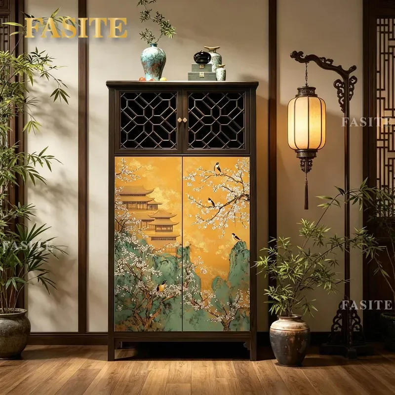 For New Chinese Style Solid Wood High Cabinet  Aesthetics Flower Bird Pavilion Entrance Living Room Storage Side Home