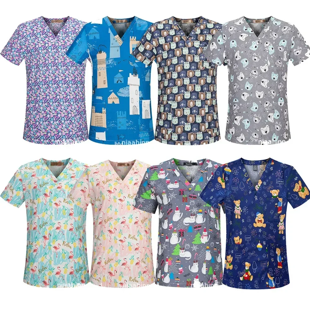 Платье медсестры с мультяшным принтом для женщин, футболка с V-образным вырезом и коротким рукавом, топ, скрабы, Комбинезоны для мужчин, медсестер, аксессуары для больницы