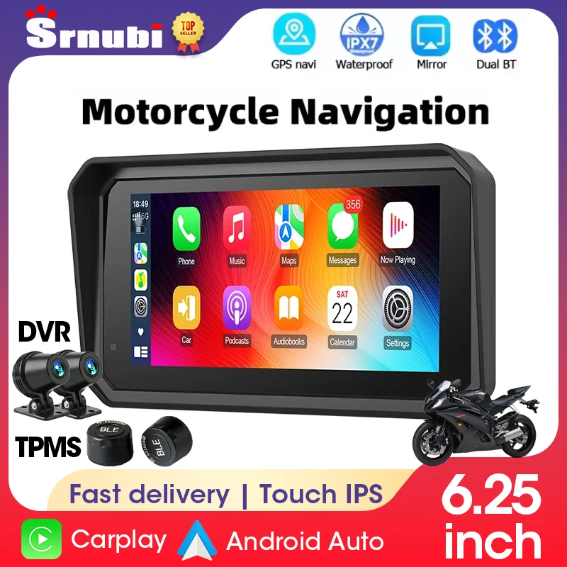 

Srnubi Wireless CarPlay Moto Android Auto 6.25" Portable Digital Motorcycle Dashboard GPS Navigation Display Screen TPMS Monitor