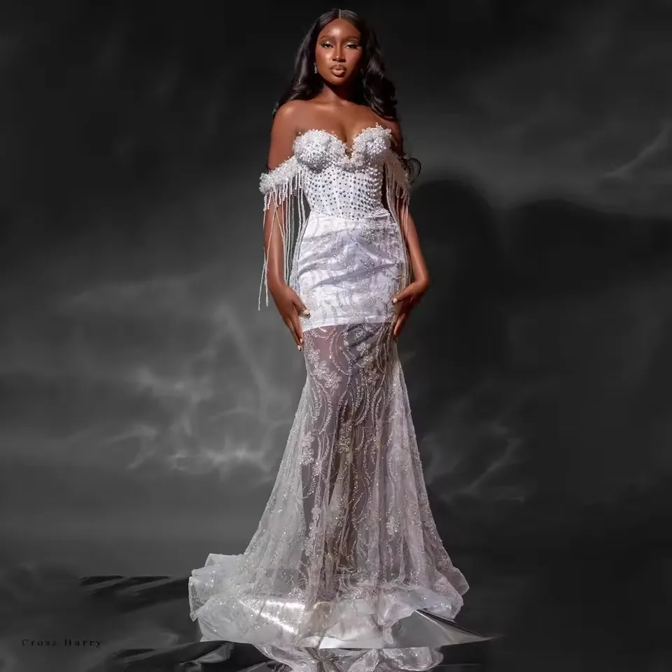 2025 African White Beaded Lace Wedding Party Dress Couture Pearls Tassel Black Girls Birthday Dress Prom Party Dresses