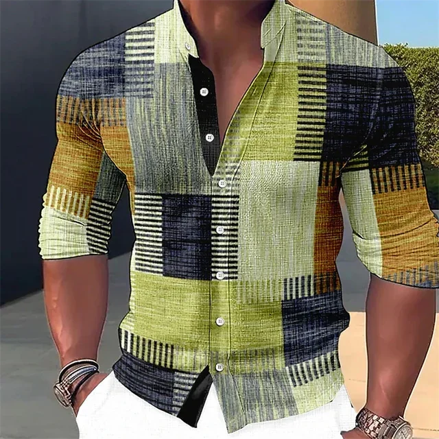 2024New Men\'s Retro Patchwork Shirt Gradient Stand Up Collar Outdoor Street Long Sleeved Button Casual Breathable Shirt XS-6XL