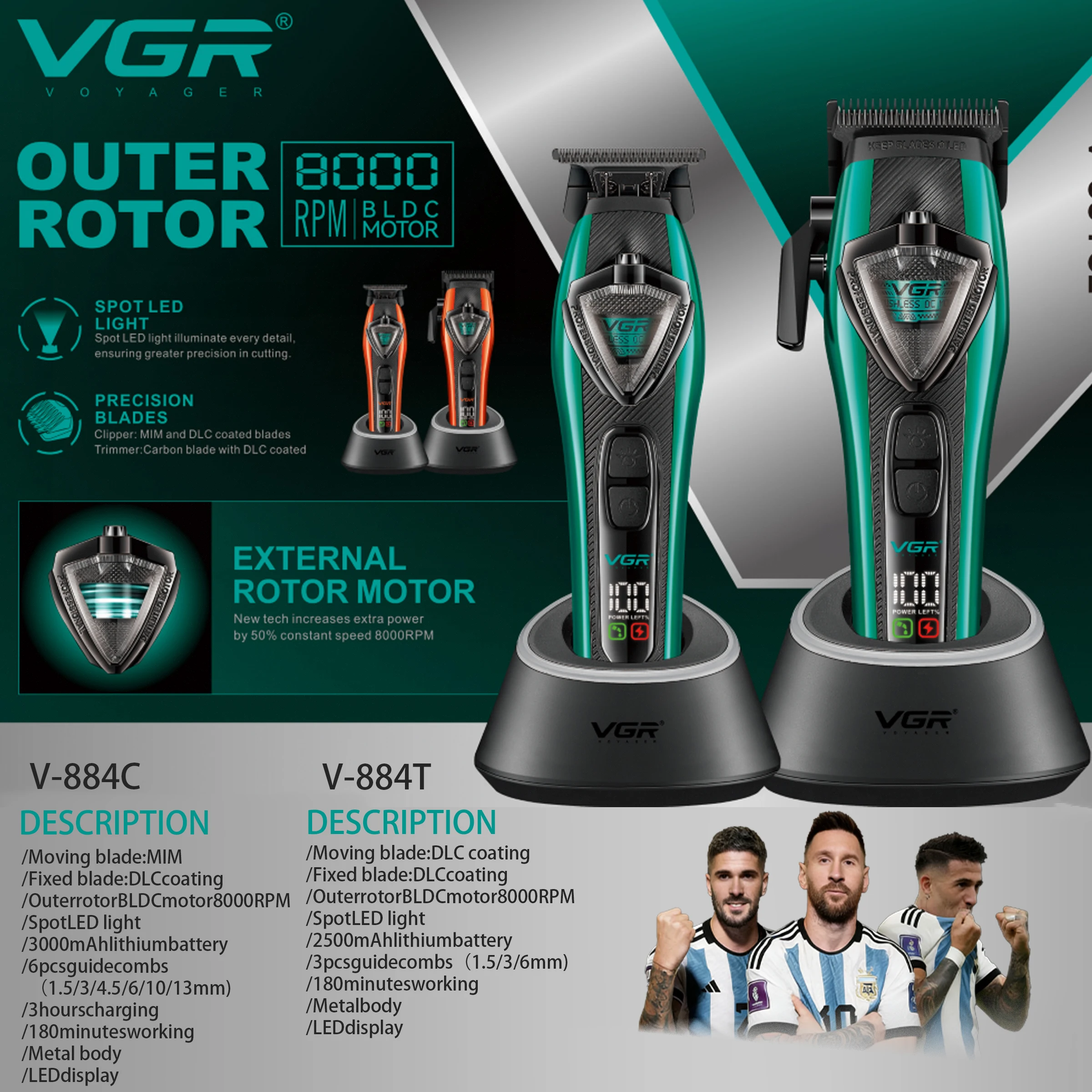 VGR Recortadora de cabello profesional | Cortapelos con motor de rotor externo | Palanca de ajuste | Cuchilla MIM | Recortadora de barbero para hombres V-884