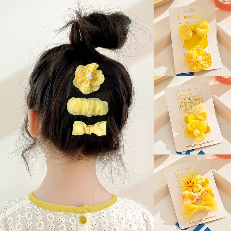 3 Pcs/Set Baby Girls Cute Yellow Flower Bow Ornament Hair Clips Children Lovely Sweet Barrettes Hairpins Kids Hair Accessories