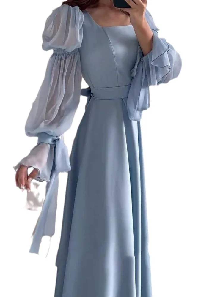 Eid Muslim Party Dress Women Sweet Puff Sleeve Long Dress Square Collar Vestidos Largo Ramadan Abayas Dubai Arab Long Robe 2024