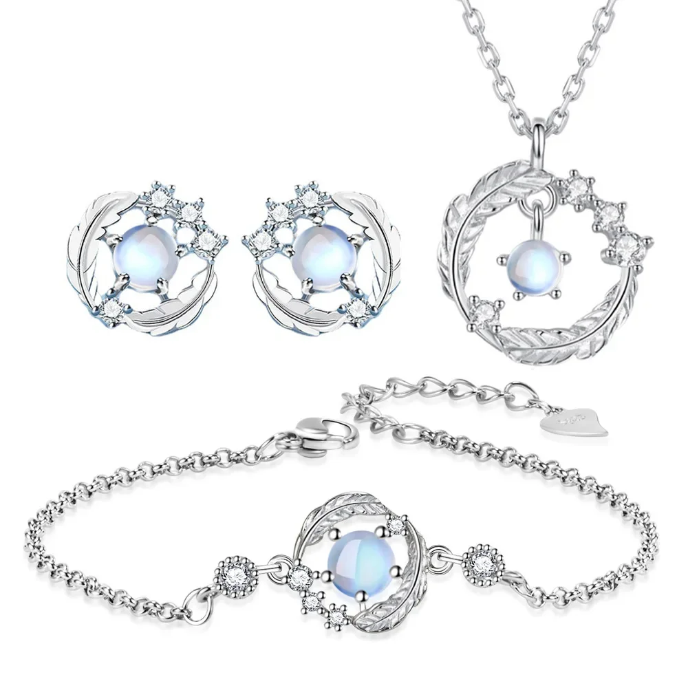 SUYIXIAN S925 argento Sterling pietra di luna piuma si accompagna collana orecchini braccialetto Set gioielli di fidanzamento regalo per le donne