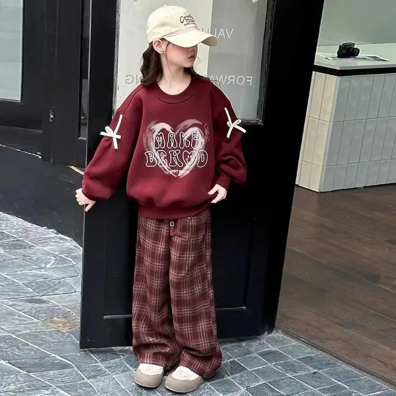 2026 Girls Fashion Cotton Loose Red Plaid Alphabet Print Sweatshirt+Pant Set School Kids 2PCS Tracksuit Children Jogger Outfit