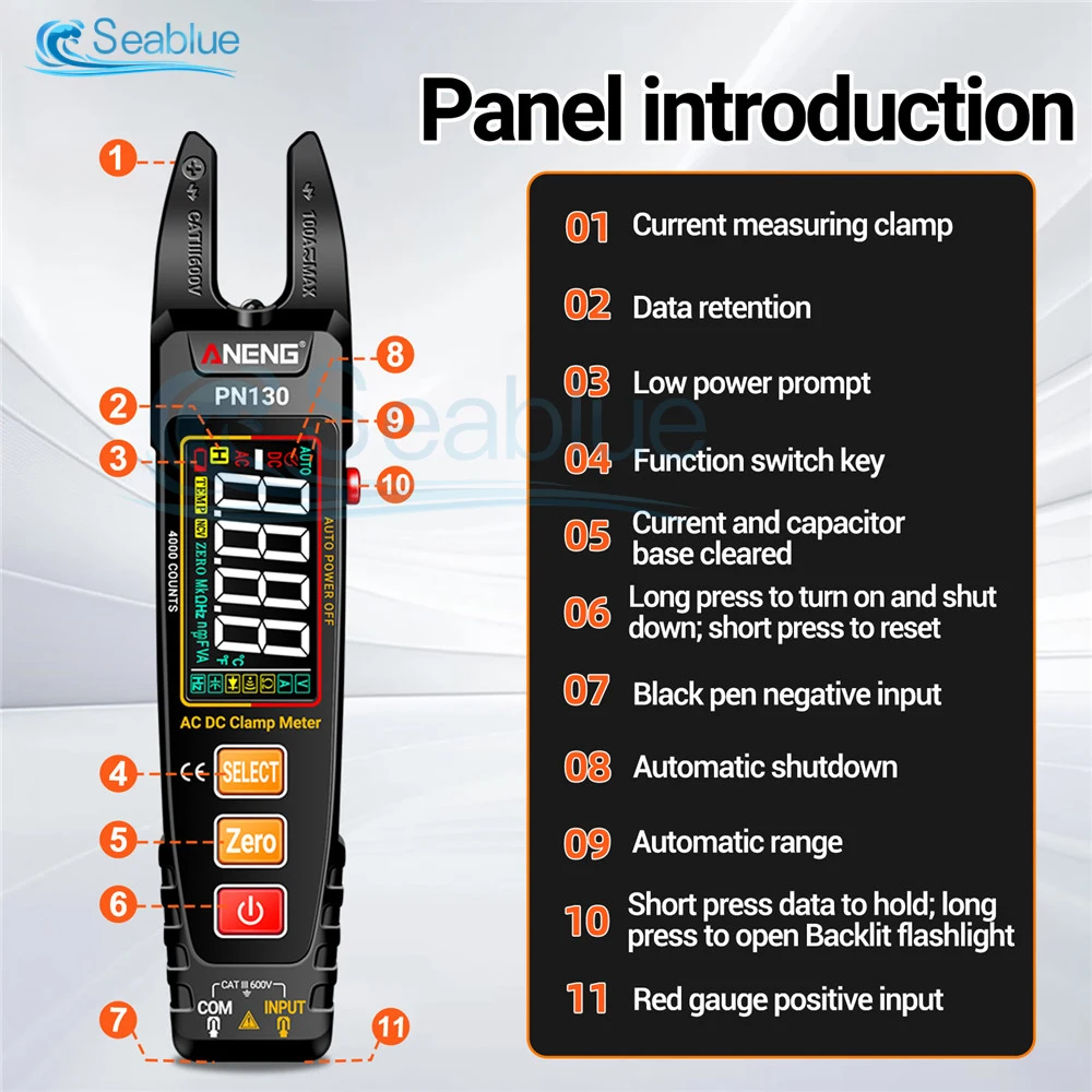 PN130 Intelligent Digital Clamp Meter 4000 Counts AC/DC Voltage Current Protable Multimeter Capacitance Resistance Testers