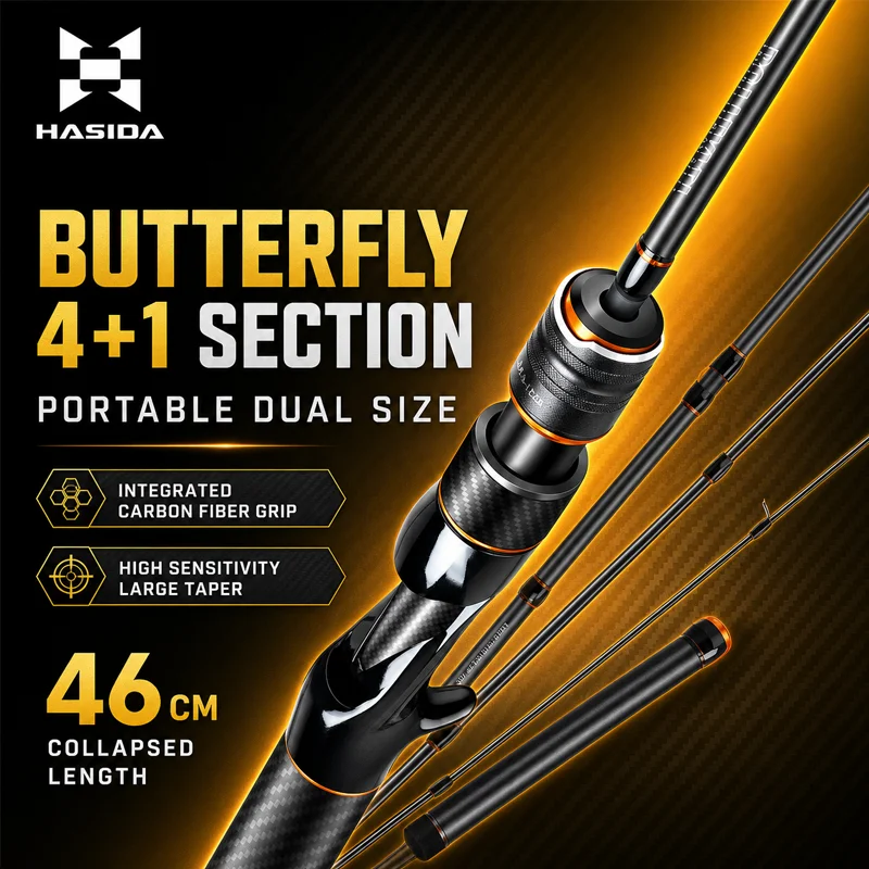 HASIDA Butterfly Limited Lure Rod 4 +1 Section 46cm Portable Versatile Long Cast Spinning Casting For Travel Trout Micro Fishing