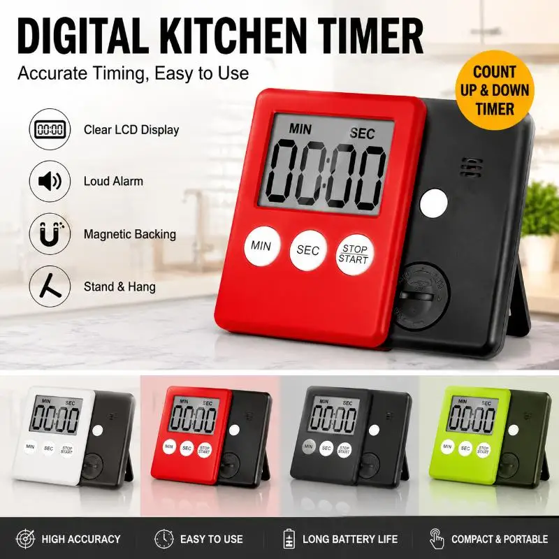 Magnetic Digital Kitchen Cooking Timer Multicolor Countdown Alarm Clock For Student Study Cooking Baking Time Management