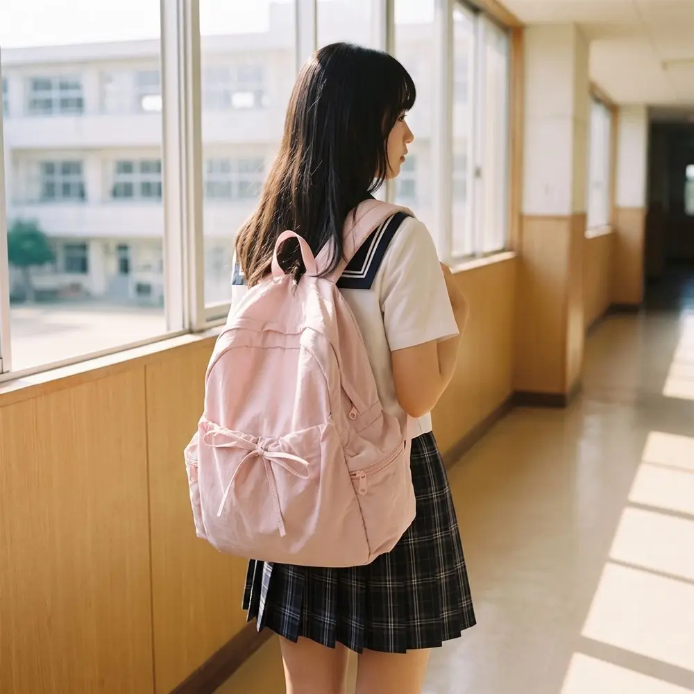 Y2k Sweet Bow Backpack Bowknot Minimalist Drawstring Rucksack Durable Solid Color Student School Bag Travel Use