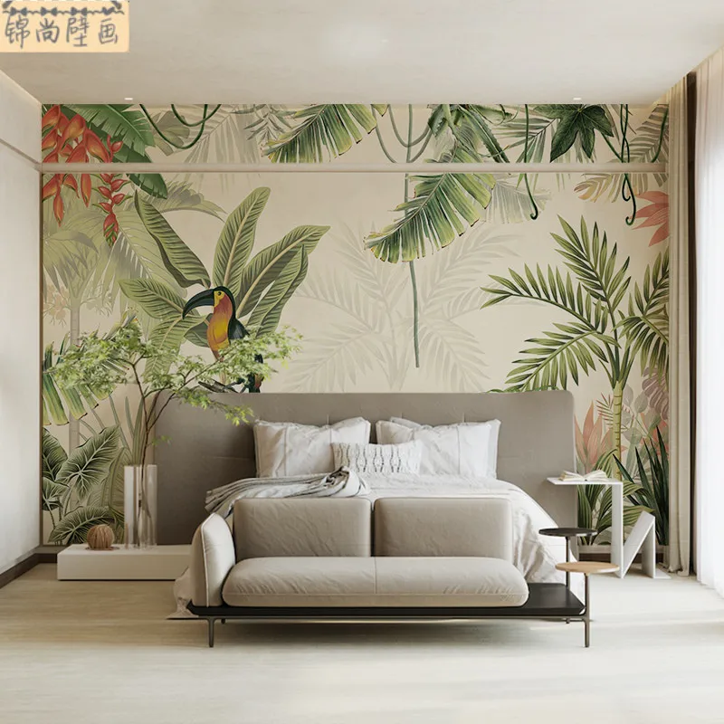 منتجات مخصصة ثلاثية الأبعاد جنوب شرق آسيا ورق حائط على شكل أوراق الموز حيوان حائط الخلفية غابة المطيرة الاستوائية النباتات الخضراء فندق جدارية