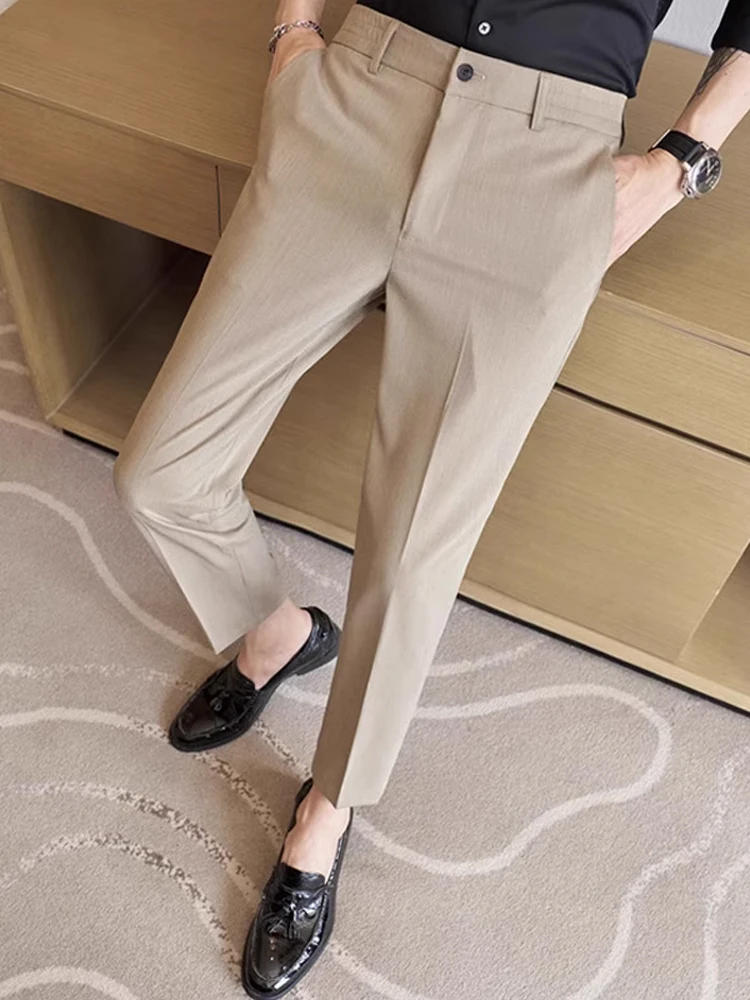 British Style Casual Tailored Pants Nine Points Business Dress Code Slim Fit Drapey Feel Polyester Blend Summer Fashion
