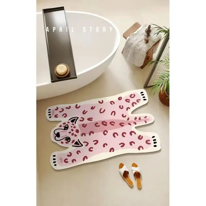 VIKAMA Ins Light Pink Leopard Bath Mat Cartoon Cheetah Outline Non Slip Minimalist Girls Vanity Bedroom Decor Rug