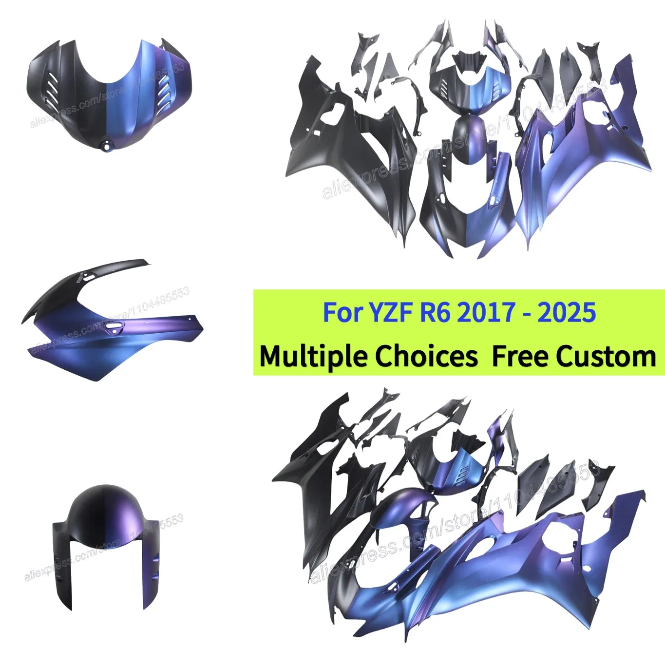 

Обтекатели YZFR6 2023, для Yamaha R6 2017 YZF-R6 2021 R6 17-25, комплект обтекателей в гоночном стиле | Матовый черный и хамелеон фиолетово-синий