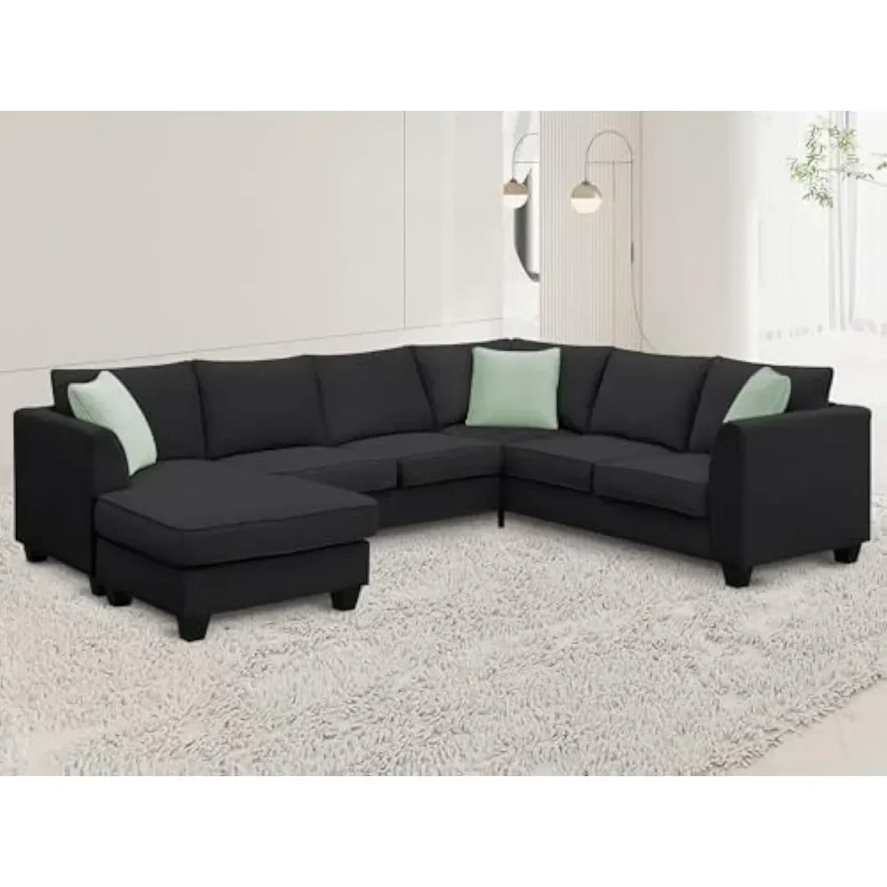 Living sofa, Modern Large U, 7 Seat Fabric Set with Movable Ottoman, L Shape Sectional Sofa Corner Couch