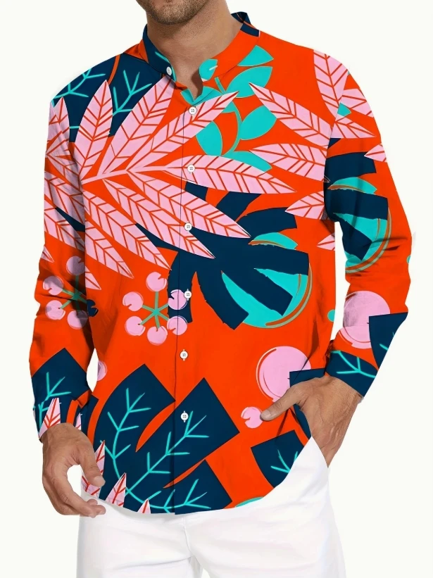 Men's Regular Fit Long Sleeve Shirt with Abstract Leaf Print -  Classic Collar Button-Up, All-Season Versatile Casual