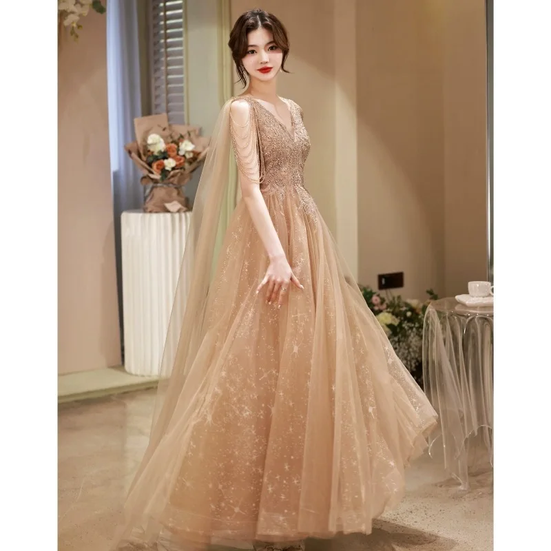 Khaki V-neck Evening Dress Elegant Sleeveless Off  Shoulder Beaded Tassel Formal Banquet Gown Applique Long Bridesmaid Dresses