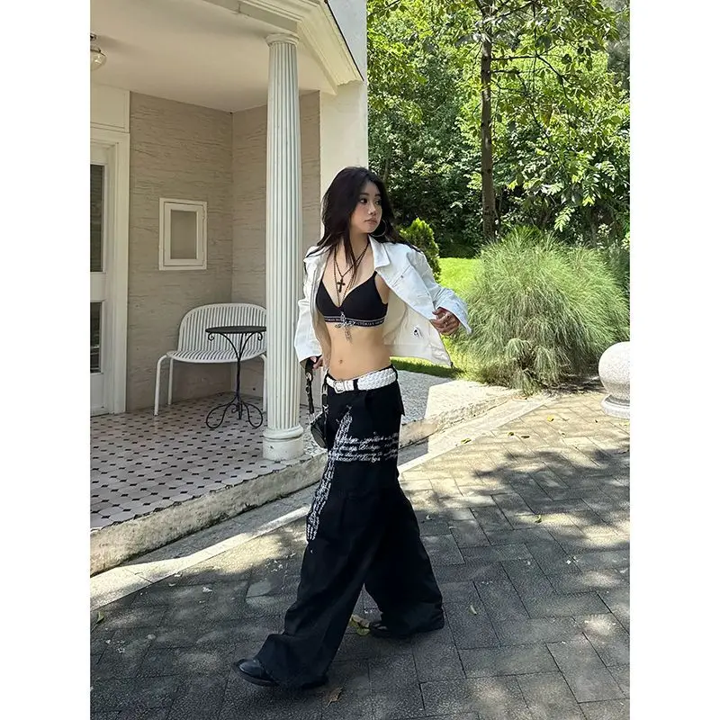 ONE TO WAN American Streetwear Cargo Pants Letter Print Pockets Pleated Grunge Pantalones Mujer Punk Gothic Harajuku Women Pants