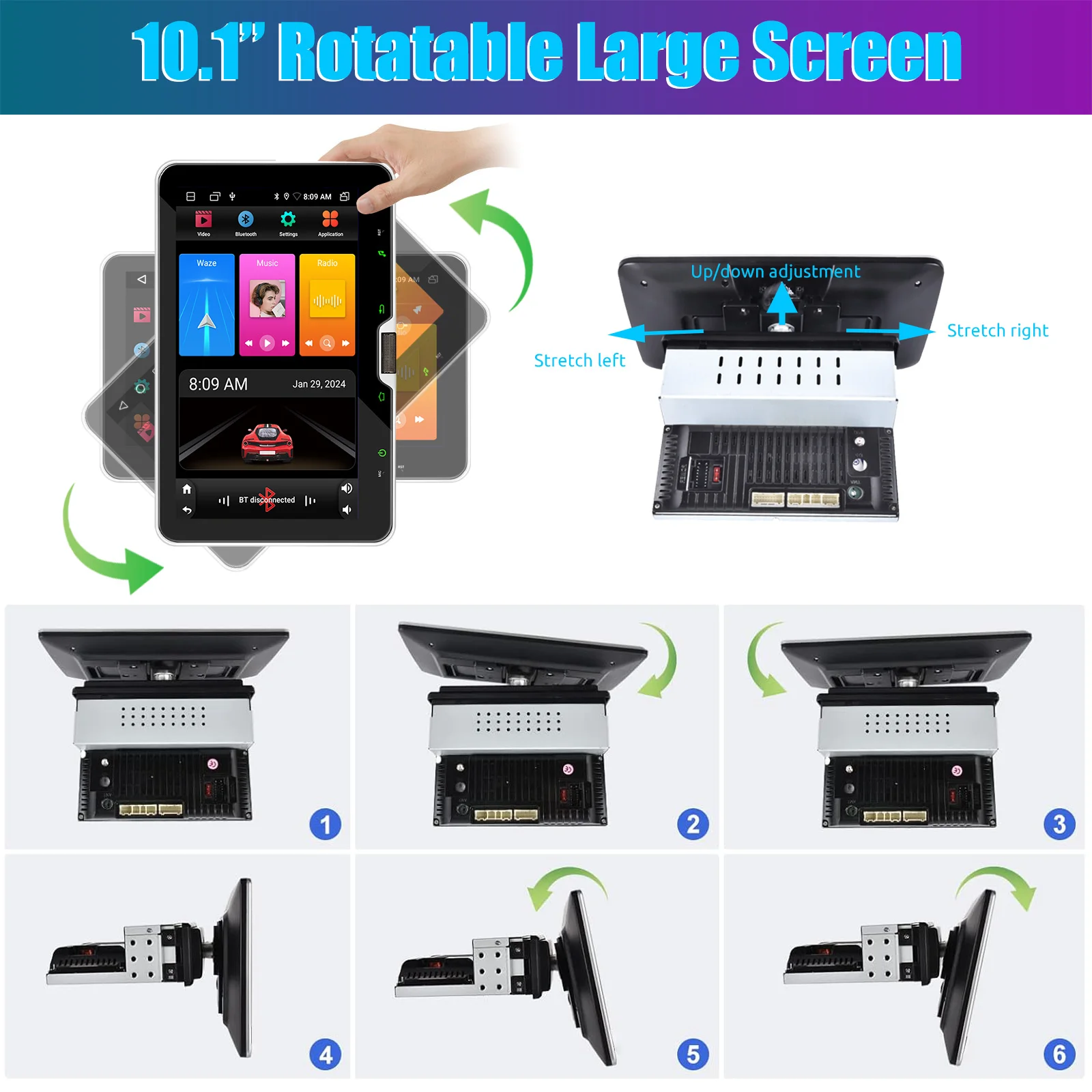 ESSGOO راديو سيارة أندرويد 14 10.1 بوصة Single DIN، شاشة دوارة، كاربلاي لاسلكي، GPS NAVI، FM RDS، بلوتوث، واي فاي، أزرار لمس ملونة مع ميكروفون #3