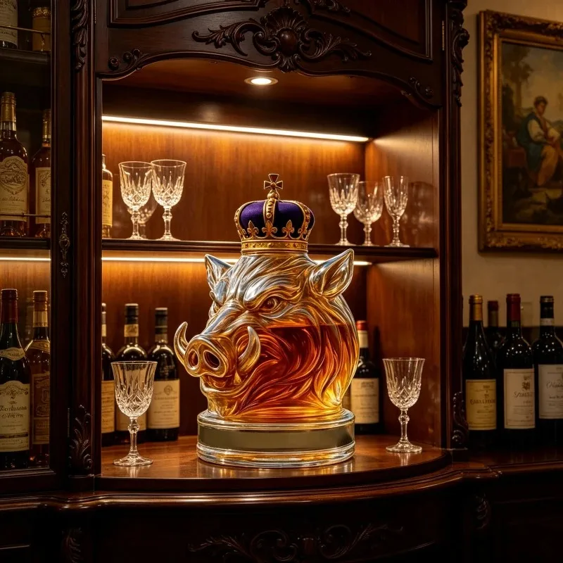 Crowned Wild Boar Head Whiskey Decanter, Royal Crown Pig Liquor Bottle, Glass Decanter for Bourbon Scotch Home Bar Decor Gift