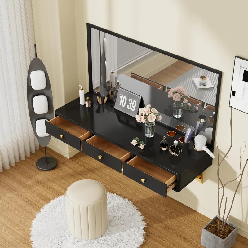 home.home.Makeup Vanity Vanity Desk with Mirror Classic Floating Shelf with Drawer, Bathroom, Hairdressers, Black