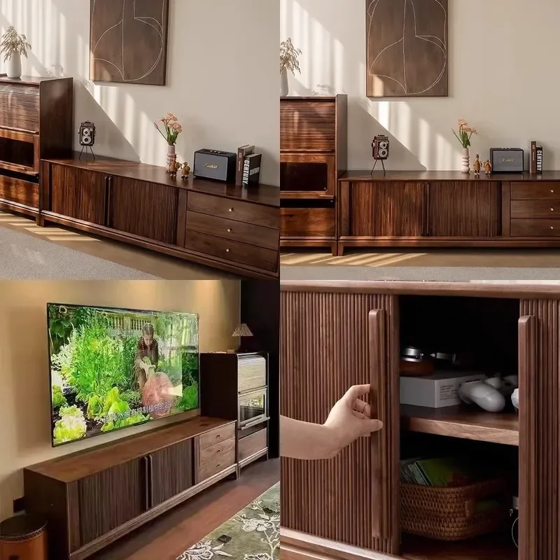 For North American Black Walnut Antique TV Cabinet Solid Wood Living Room Simple Locker Log Retro TV Stand Cabinet