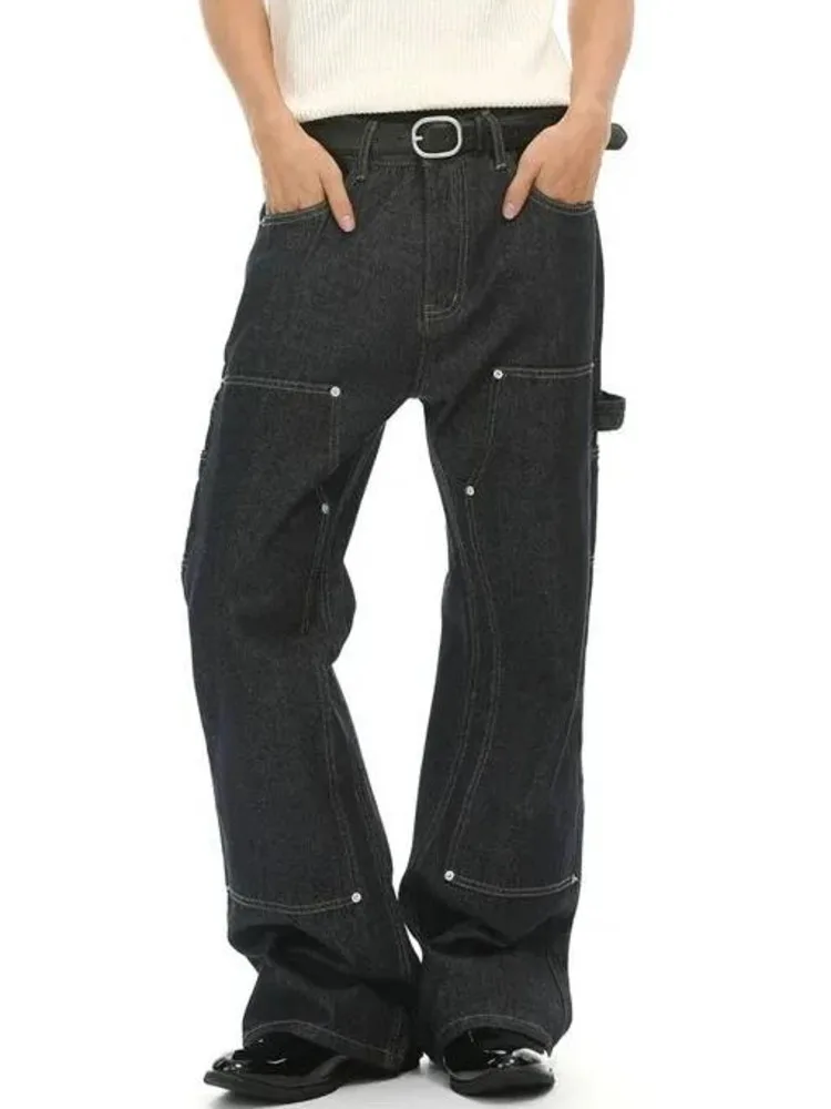 Men's Cargo Denim Pants Dark Blue Topstitching Decor Loose Wide Leg High Waist Casual Streetwear Daily Long Trousers QGJ5