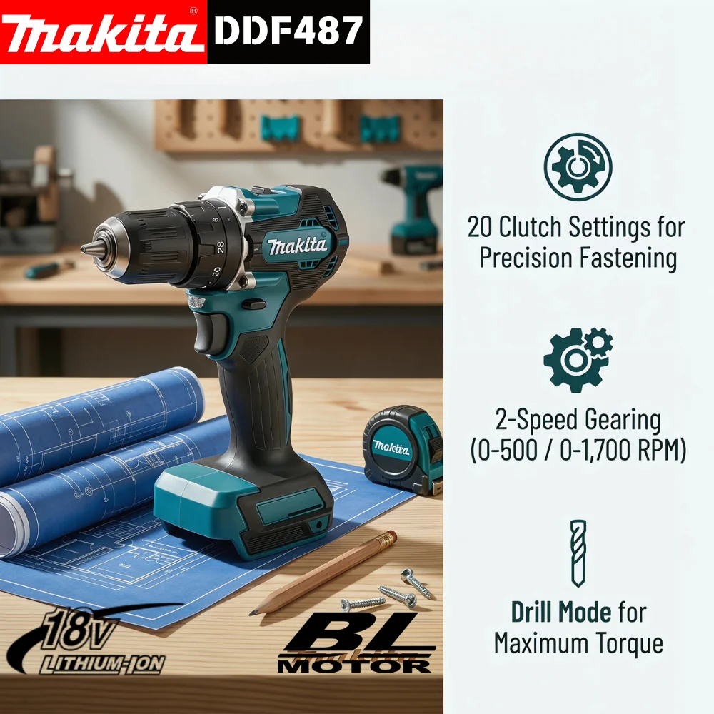 Perceuse-visseuse sans fil Makita DDF487 18V, moteur sans balais, couple de 40 Nm, outil pour la réparation domestique et l'assemblage de meubles