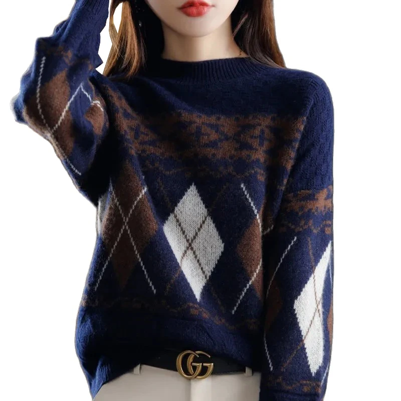 

Round Neck Rhombus Plaid Winter New Women's Knit Sweater Long Sleeve Loose Knitted Pullover Basic Tops All-match Bottoming Shirt