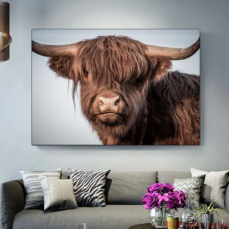 Scottish Highland Brown Cow Painting Canvas Print Poster Yak Wall Art Farm Animals Picture for Living Room Home Decor Cuadros