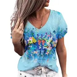 New Floral Flower 3D Print T Shirt Women Short Sleeve V-Neck T Shirts Streetwear Harajuku Oversized Y2k Tops Tees Woman Clothing