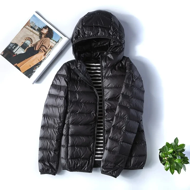 Women's fashionable ultra-light thickened down jacket Lightweight warm jacket with removable hooded storage pocket  Large size