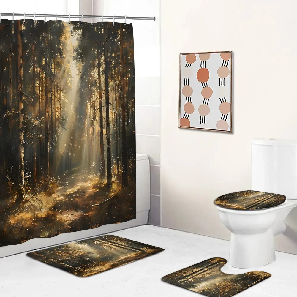 Forest Oil Painting Shower Curtain Set Tree Stream Grassland Mountain Nature Bath Decor Natural Art Bathtub Mat Toilet Lid Cover