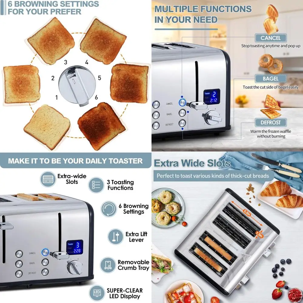 

Stainless Steel 4-Slice Toaster with Ultra-Clear LED, Wide Slots, Dual Control Panels, 6 Shade Settings, Cancel/Bagel/Defrost, R
