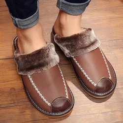 Zapatillas de casa de cuero para hombre, pantuflas de algodón cálidas, antideslizantes, gruesas, para interiores, Otoño e Invierno