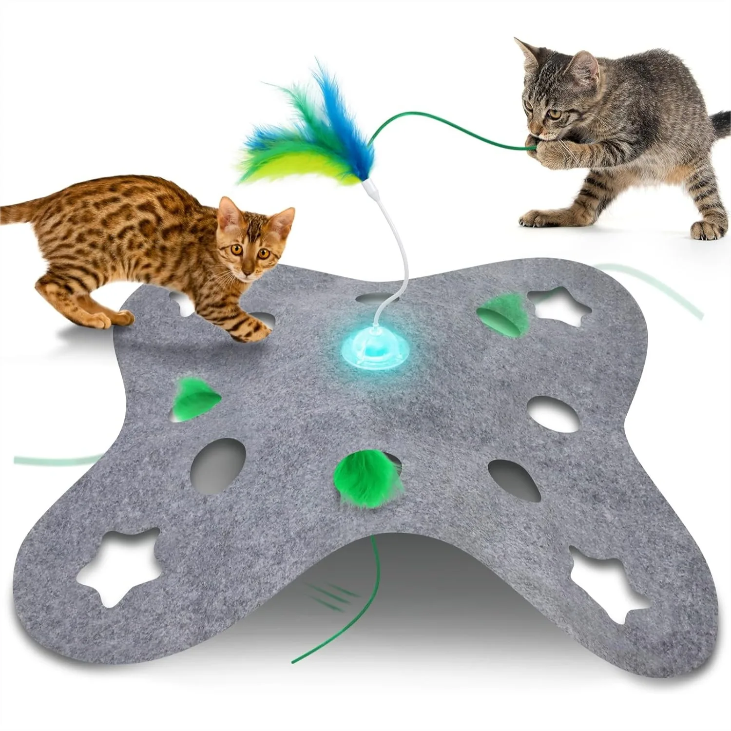

Interactive Cat Toys for Indoor Cats Exercise Spin Feather Wand Tumbler Base, Touch Activate Mode Peek-A-Boo Felt Cover Toy