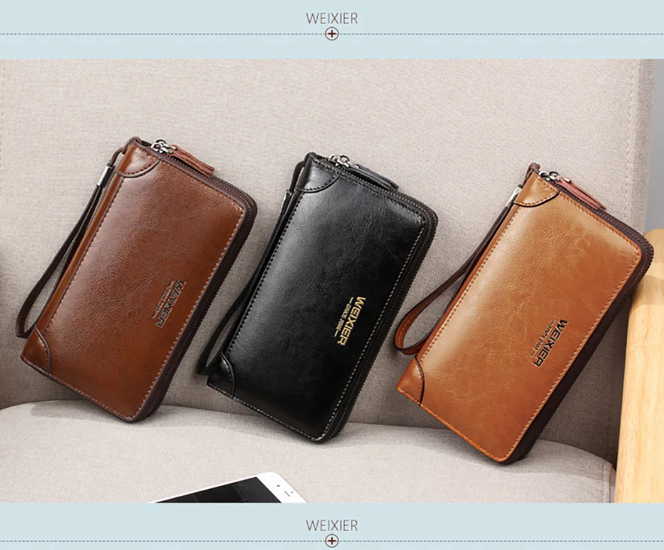 WEIXIER Men Retro Clutch Fashion Brand PU Leather Multifunctional Men Wallet Long Business Travel Double Zipper Man Clutch Bags