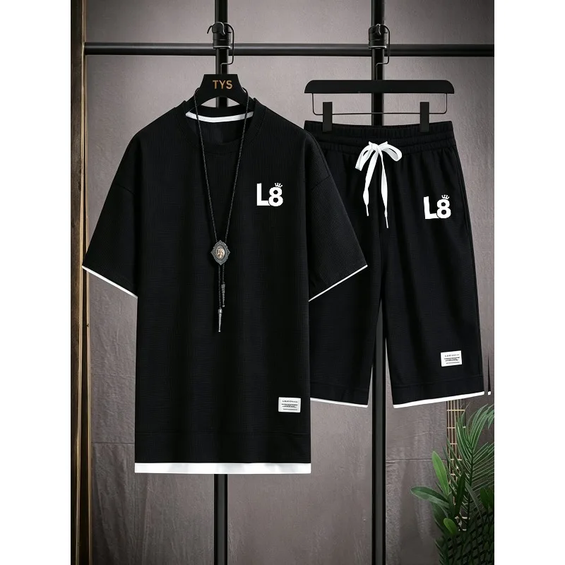 

2026 New Men Waffle 2-Piece Streetwear Set Drawstring Waist Shorts + Fashion Print T-Shirt Multi-Color