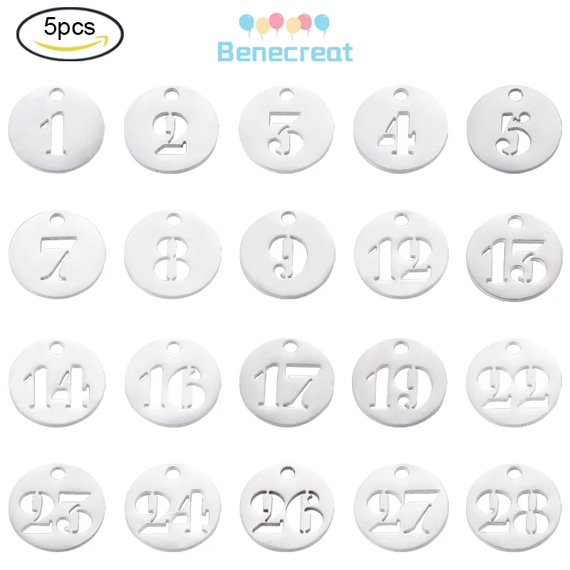 5PC Flat Round with Number 1~31 Charm Stainless Steel Charm Lucky Numbers Pendants for DIY Jewelry Making Stainless Steel Color