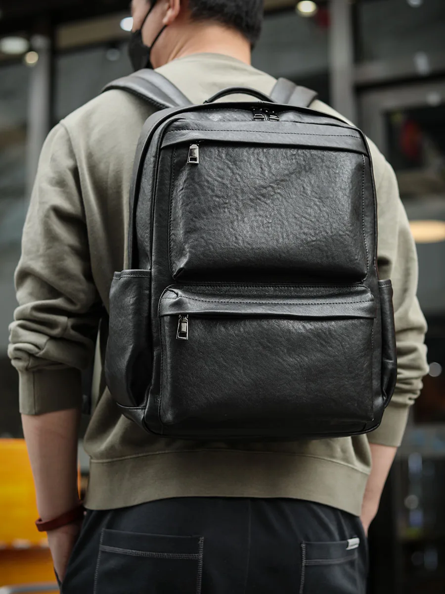 Luxury2025 New Genuine Leather Men's Backpack Simple Soft Black Cow Leather 15.6 Computer Bag Niche Business Commute Sch