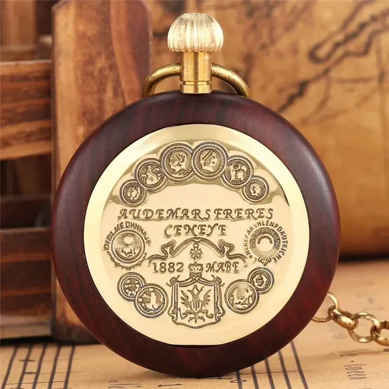 Antique Wooden Case Handwinding Mechanical Pocket Watch for Men Women Skeleton Clock Pendant Chain Roman Number Dial Hour Gift