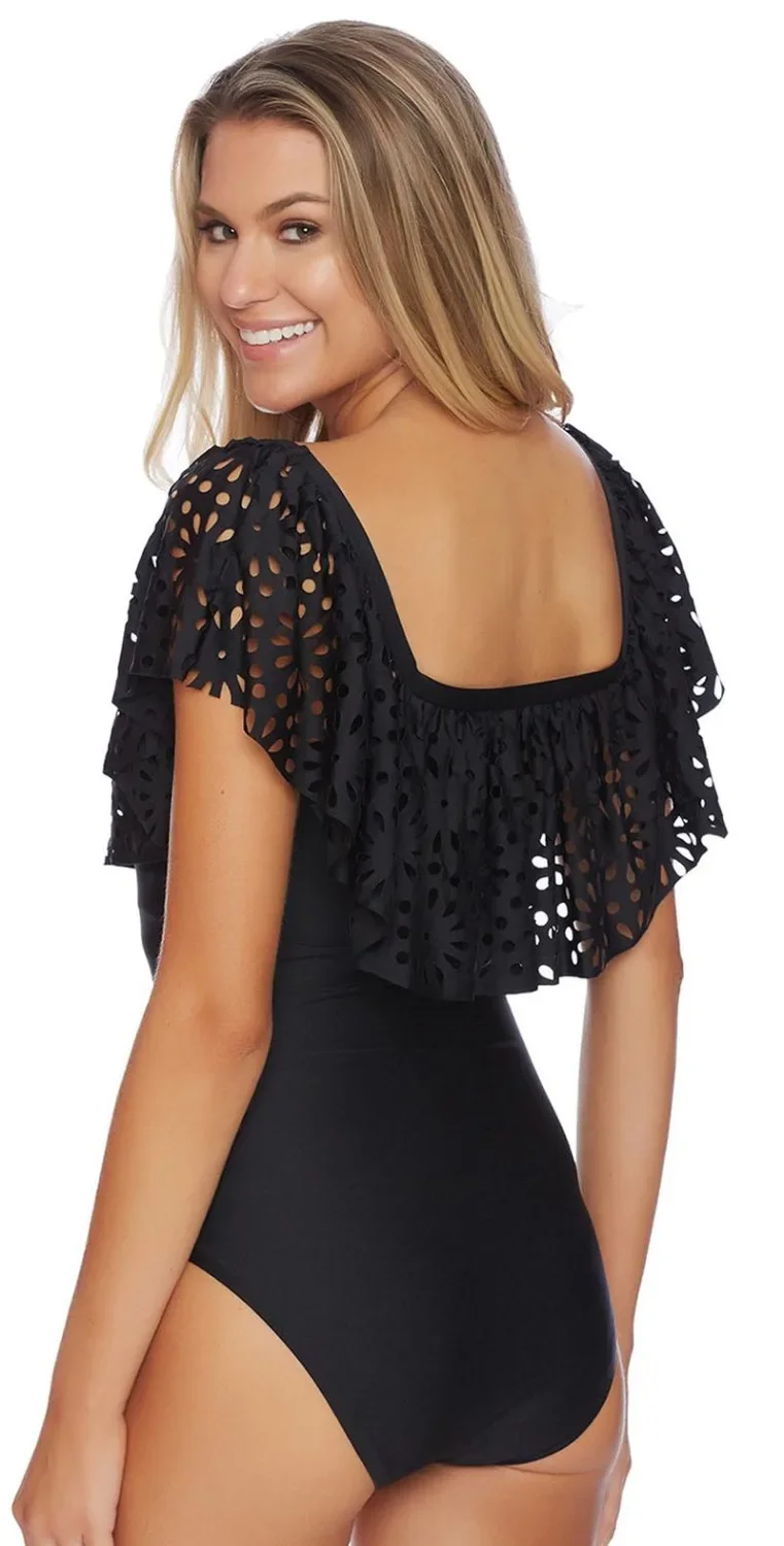 Black Vintage Falbala One Piece Swimsuit for Women Swimwear Sexy Off Shoulder High Waisted Bathing Suit Beach Wear Bodysuit