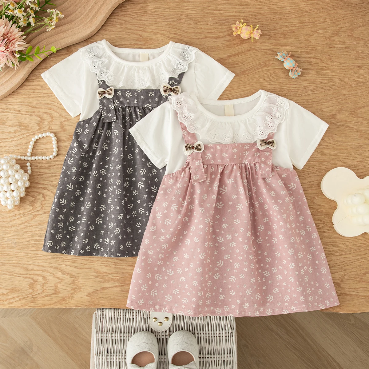 

Подарок на день рождения: Новое летнее платье для маленькой принцессы, милое хлопковое платье с цветочным принтом, бантом и кружевным воротником, розовое, модная одежда