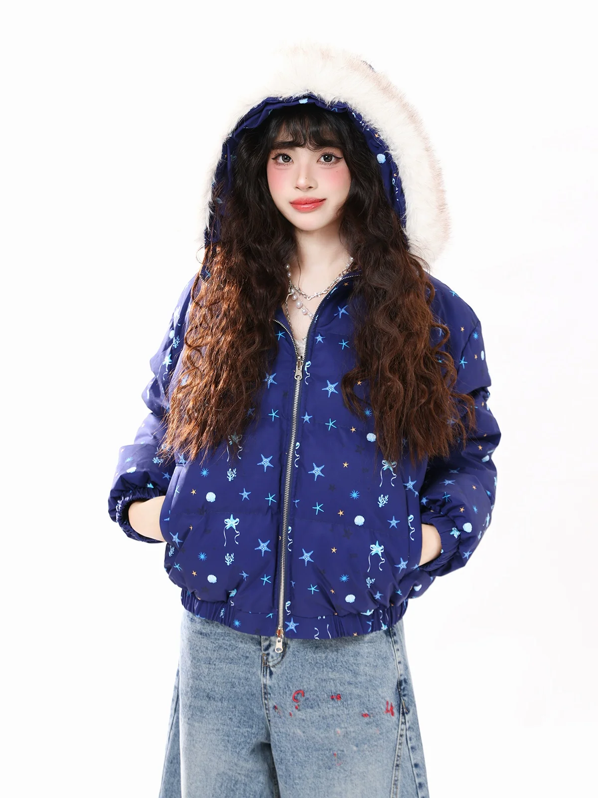 

ENJOG Blue Starfi Fur Collar Hooded Cotton Jaet Women's Autumn Winter Thiened Loose Casual Cotton Coat ort Zipper