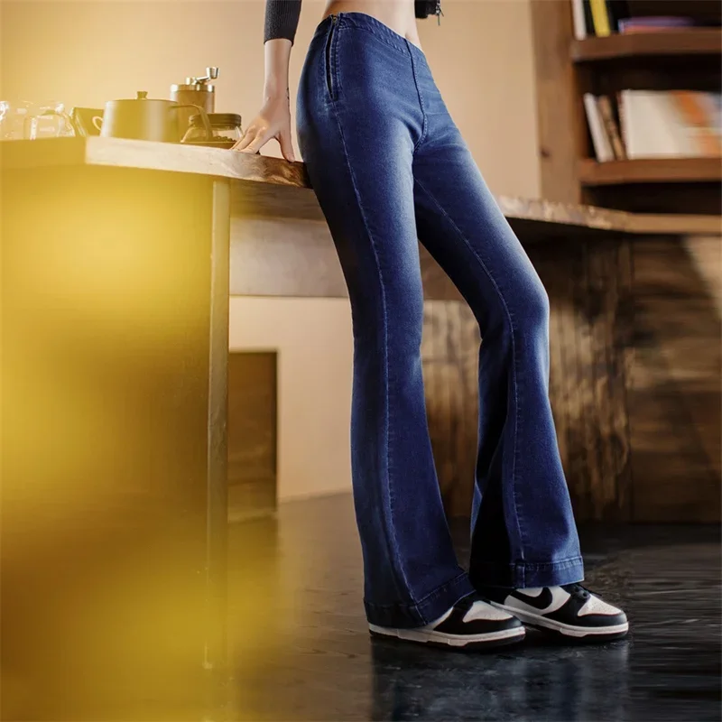 

Maden Blue Washed Flare Diagonal Waist Cleanfit Jeans Women Spring Fall Side Zipper Stretch Slim Denim Pants Versatile Trousers