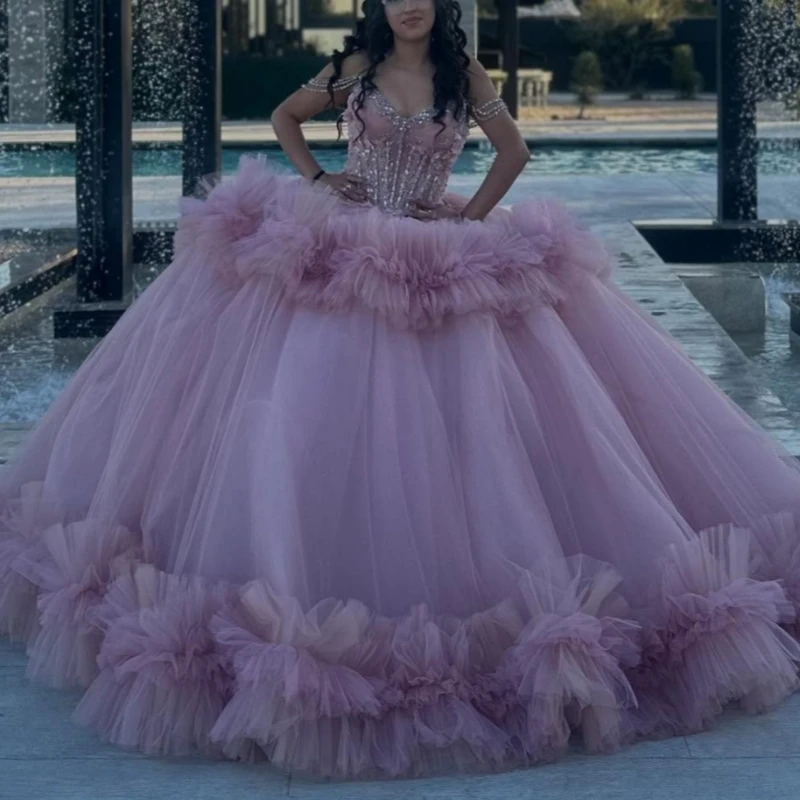 

Pink Quinceanera Dresses Off The Shoulder Beading Crystal Tiered Tull Party Birthday Sweet 16 Dress Vestidos 15 De Anos