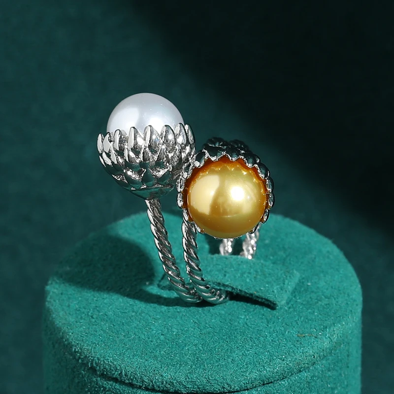 خاتم عتيق من اللؤلؤ الأبيض والأصفر إكسسوارات نسائية طبيعية فضية اللون متقاطعة مفتوحة اتجاهات المجوهرات الفاخرة 2025 حفلة عالية الجودة